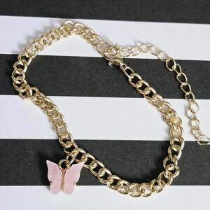 Pink Butterfly Mother of Pearl Charm Gold Tone Bracelet